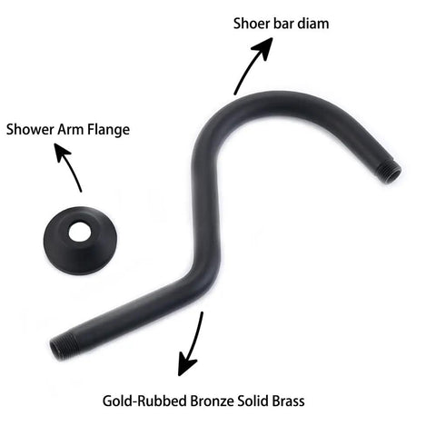 Gold-rubbed bronze solid brass S-shaped shower arm and matte black flange.