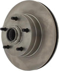 Centric C-Tek front brake rotor with hub and five lug studs, silver vented rotor