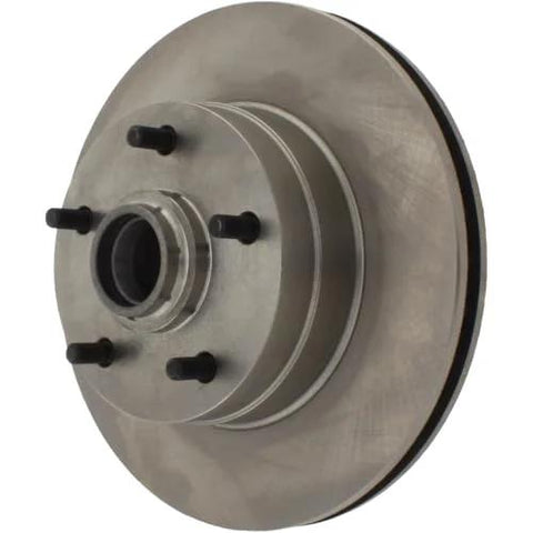 Centric C-Tek front brake rotor with hub and five lug studs, silver vented rotor