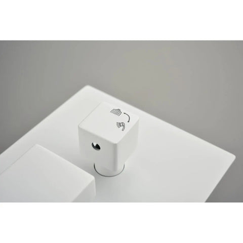 Control valve for 16" Rain Systems Wall Mounted Shower, featuring white finish and function icons for user guidance.