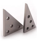Front view of two solid metal angle plates: 30-60-90 and 45-45-90, each with multiple holes.