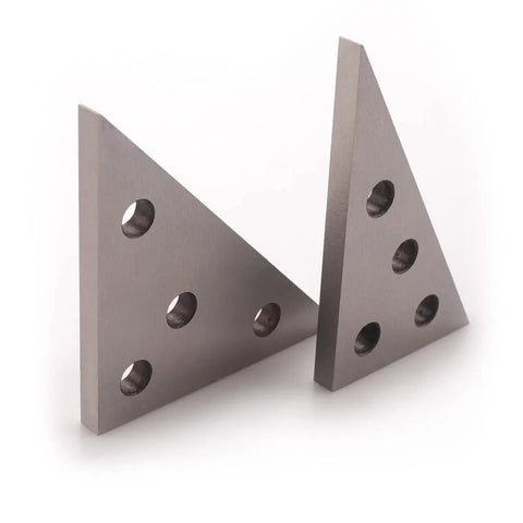 Front view of two solid metal angle plates: 30-60-90 and 45-45-90, each with multiple holes.