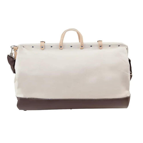 24 Inch Deluxe Canvas Tool Tote With 17 Interior Pockets And Detachable Shoulder Strap Heavy Duty Natural Canvas Moisture Resistant Vinyl Bottom And Steel Mouth For Rugged Everyday Work, front view
