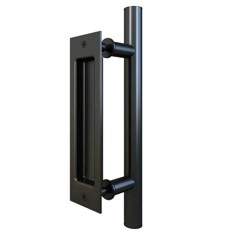 Black 12 inch handle from Two Sided Mirror Sliding Barn Door White Finish With Slick Black Carbon Steel Hardware Kit 40 By 81 Inches