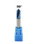 Heavy Duty 1/4 Inch Carbide Router Bit With Solid Nano Blue Coating For Angled V Groove And Chamfering On Hardwood And MDF Smooth High Speed Carving, 90-degree angle.