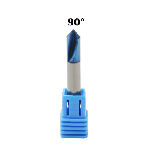 Heavy Duty 1/4 Inch Carbide Router Bit With Solid Nano Blue Coating For Angled V Groove And Chamfering On Hardwood And MDF Smooth High Speed Carving, 90-degree angle.