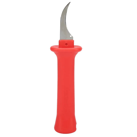 Premium 33HS High Carbon Steel Curved Blade Cable Stripping Knife with red ergonomic handle for wire cutting and electrical cable peeling.
