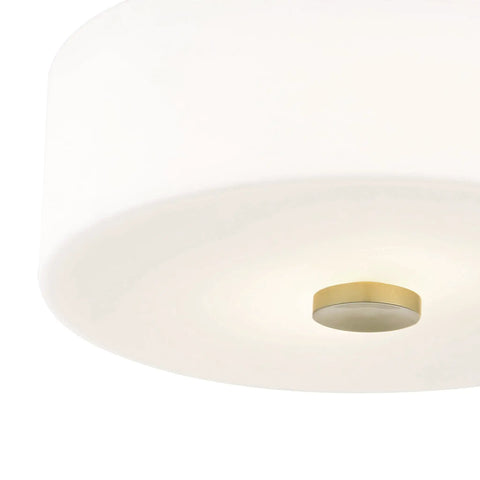 Close-up of Sophie 2 Light Flush Mount Ceiling Light in aged brass, part of dope modern fixture, bottom view, 11.75 inches wide.