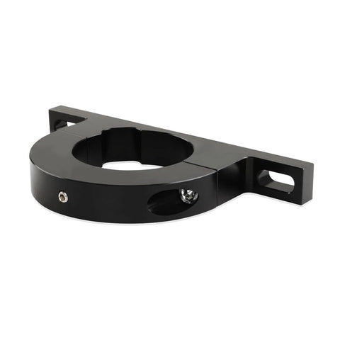 Black billet aluminum 2-inch universal steering column clamp mount with keyed no-drop design, angled front-left view.