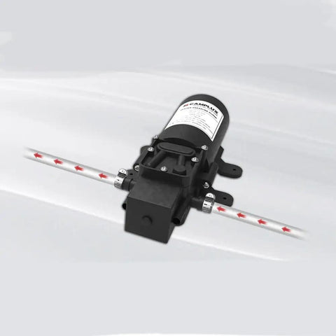 12V DC Water Pump For RV And Boat, 1.2 GPM Diaphragm Pump, Self Priming Up To 4 Feet with hose connections, shown from side view