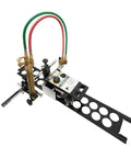 Pro Level Portable Oxy Fuel Track Cutting Machine Kit With Variable Feed Speed and Built In Torch on metal rail with hoses.
