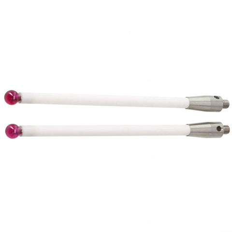 Front view: Two ceramic stems with 6 mm ball tips for Renishaw A-5000-3712 CMM probe stylus, 100 mm length, 2-pack