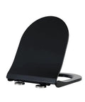 Black square toilet seat with soft close lid and quick release hardware for straightforward bathroom upkeep ergonomic fiber shell.