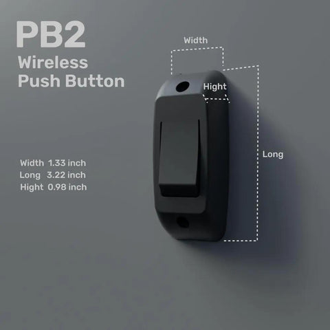 Slick Wireless Gate And Door Access Push Button Surface Mounted Momentary Release Switch on a wall, measuring 1.33x3.22x0.98 inches.