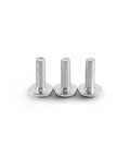 Close-up of three silver bolts from the Fairing Bolts Kit For CBR250R 2011 To 2014 Aluminum Fasteners Hardware Clips Dope Orange Universal Fit For Most Sport Bikes Durable Corrosion Resistant High Grade Premium Complete Assembly.