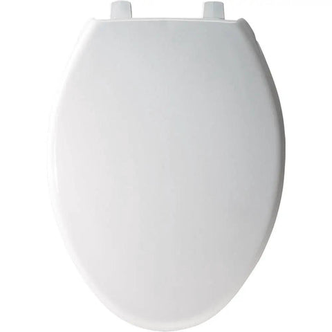 Commercial‑Grade Elongated Closed‑Front Plastic Toilet Seat With Cover, White, top view showcasing smooth surface and secure hinges.