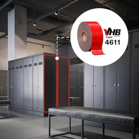 VHB double-sided acrylic foam tape 4611 dark gray, 1 in x 36 yd, 45 mil, shown in an industrial locker room for structural mounting