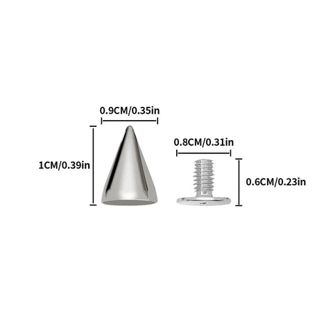 Top Shelf 100 Pair Cone Spike Screwback Studs For Dope Punk Leather Crafting And Sweet Diy Metal Jewelry Projects Clean Hardware Rivets with detailed measurements.