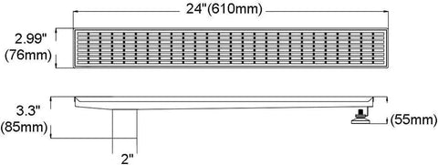 24 Inch Offset Side Outlet Linear Shower Drain In Slick Brushed Stainless Steel Rectangle Design dimensions and design layout.