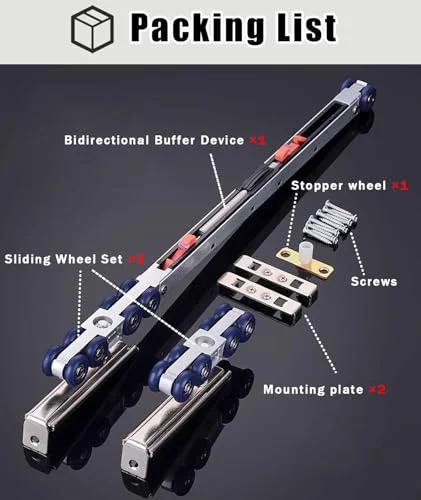 Aluminum Sliding Door Track Kit With Soft Closing Mechanism 6.2 Ft Top Hung Rail For Kitchen Wood Doors Bypass Barn Door Hardware And Closet Pocket Door System DIY Ready Quiet Smooth Operation Durable Silver Finish packaging list, showing components.