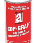 Red can of Cop-Graf anti-seize and lubricating compound labeled 12.5 oz with safety warnings, upright view.