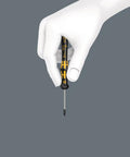 ESD Safe Kraftform Micro Slotted Screwdriver With Anti Roll Handle held in hand, ergonomic grip, 0.30 x 1.8 x 60 mm size, close-up