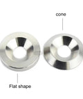DIY Ready Stainless Steel Conical Gasket Washers Set M3 Through M10, Concave And Convex Tapered Flat Shim Cones, 304 Grade, Countersunk Head, Durable Hardware Spares, 2, 5, 10, 20 Pcs For Home DIY Maintenance, flat and cone views
