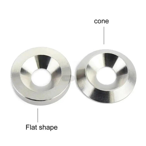 DIY Ready Stainless Steel Conical Gasket Washers Set M3 Through M10, Concave And Convex Tapered Flat Shim Cones, 304 Grade, Countersunk Head, Durable Hardware Spares, 2, 5, 10, 20 Pcs For Home DIY Maintenance, flat and cone views