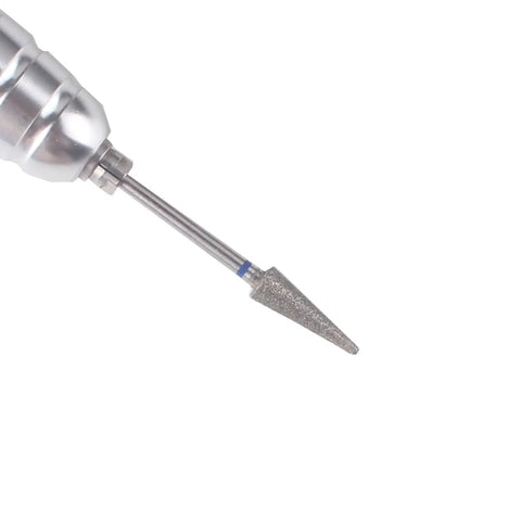 Close-up of a cone barrel drill bit from 9 Piece Pedicure Cone Barrel Ball Drill Bit Set For Cracked Skin And Callus Removal 3 By 32 Shank Pro Diamond Foot Cuticle Bits Nail Drill Accessories For Salon Or Home DIY Spa.