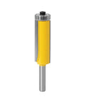 Straight Up Pro Grade Eight Millimeter Flush Trim Pattern Router Bit Featuring Dual Bearings And Kickback Resistant Build For Flawless Wood And Laminate Projects, showing steel cutting edge and yellow body.