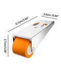 Beyond Tough Vertical Track Rollers For Sliding Doors, heavy duty alloy steel roller with orange rubber wheel and precise dimensions.