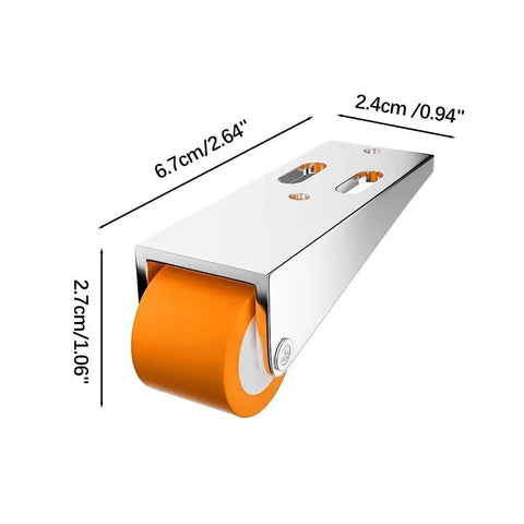 Beyond Tough Vertical Track Rollers For Sliding Doors, heavy duty alloy steel roller with orange rubber wheel and precise dimensions.