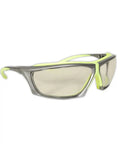 Rock Solid High Visibility Wraparound Safety Glasses With Anti Fog Polycarbonate Lens Built Tough For The Daily Grind Bulk Pack Of One Forty Four Pairs side view with gray frame and hi-vis yellow accents.