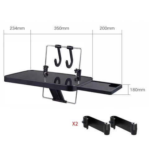 Foldable Steering Wheel Desk For Tesla Cybertruck With Expandable Dual Surface Laptop Stand And Smooth Slide Out Tray dimensions and clips shown