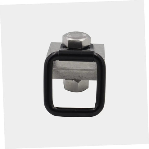 Heavy Duty D Ring Tie Down Anchors Bolt Directly To Truck Bed Rails Or Boat Trailers showing square anchor with metal base and black ring.