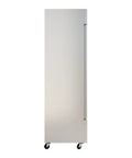 Built Tough Two Door Reach In Commercial Freezer 27 6 Cubic Feet Stainless Steel Kitchen Workhorse with front view on wheels.