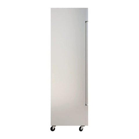 Built Tough Two Door Reach In Commercial Freezer 27 6 Cubic Feet Stainless Steel Kitchen Workhorse with front view on wheels.