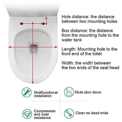Diagram showing measurements for Sparkly Resin Elongated Toilet Seat With No Hassle Quick Release and Smooth Slow Close Lid.