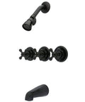 Oil Rubbed Bronze Tub And Shower Faucet With Three Cross Handle And Five Inch Spout Reach Solid Brass Construction High Flow 7 GPM Spout And 1.8 GPM Showerhead Wall Mount Bathroom Fixture For A Dope Bath Upgrade