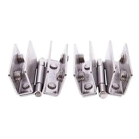 Pair Of Heavy Duty Silver Stainless Steel Shower Door Hinges Featuring Adjustable Double Clamp Brackets That Grip Tight And Fit 5 To 8 Millimeter Glass Panels Like A Glove.