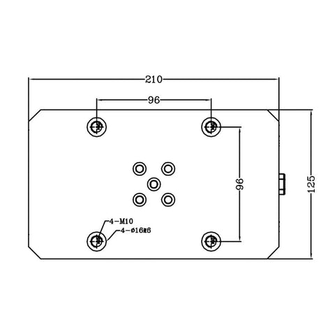 Self Centering Milling Vise for Precision CNC Work, 190mm Opening, top-down technical drawing of 210x125x8mm body dimensions.