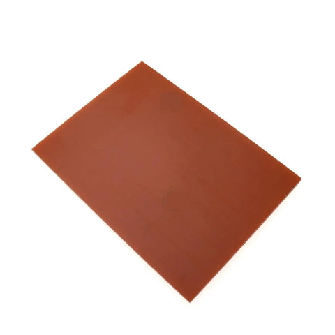 Five Pack FR4 Copper Clad Laminate PCB Kit, Single Sided 7x10cm Boards, 1.4mm thick, viewed flat showing excellent flatness and copper color.