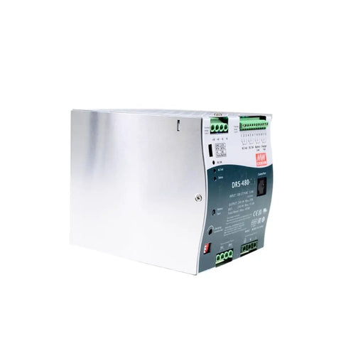 Ultra Efficient 480W 24V 15.4A AC DC DIN Rail Power Supply With Built In UPS And Battery Charging Status Monitoring Modbus Ready Ninety Two Percent Efficiency TS 35 7.5 Or 15 Mount Tough Industrial Grade, silver metal unit