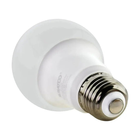 9W A19 LED Light Bulbs 60W Replacement 2700K Warm White E26 Base Damp Location 10,000 Hour Life closeup of frosted bulb