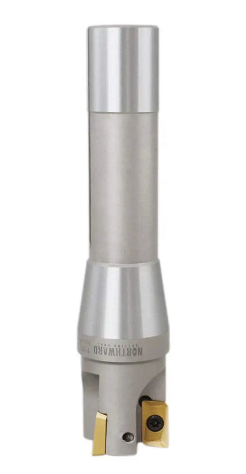 1-1/4 Inch By 5-27/32 Inch 90 Degree R8 Shank Indexable End Mill With Three APKT1604 Tin Coated Carbide Inserts Installed Positive Rake Right Hand Cut Pro Grade Milling Tool For Aluminum And Steel