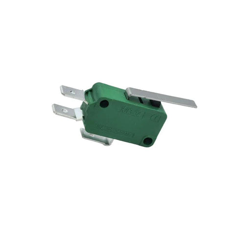 Close-up of a green micro limit switch with hinge lever. Set Of Five Micro Limit Switches Built Tough, Heavy Duty, 16A 250VAC SPDT Hinge Lever NO NC