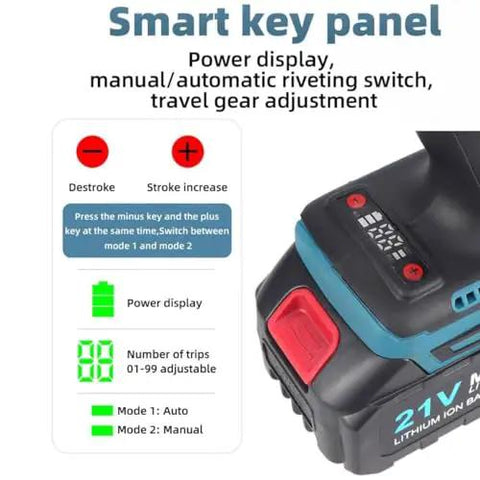Smart key panel of No Strings Attached Cordless Rivet Nut Gun With Brushless Motor And 5.2Ah Battery showing controls and power display.