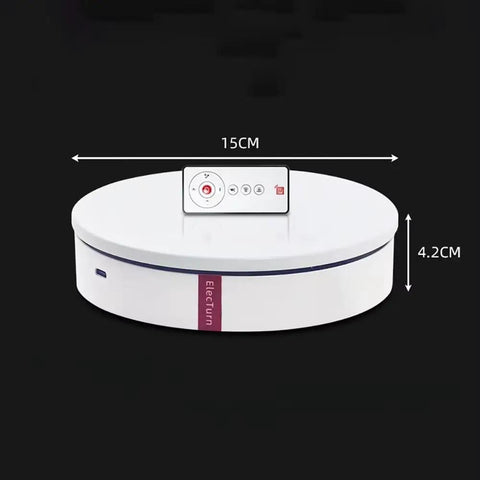 Premium Electric Rotating Turntable Display Stand Perfect For Photography And Product Showcase With Adjustable Speed Control And Type C Charging Cable Plus Colorful Background Cards For Any Setting, 15cm size, 4.2cm height, remote control.
