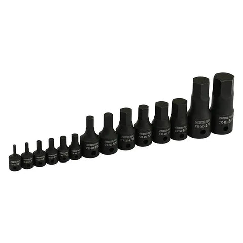 Allen Bit Socket Set, 14 Piece SAE Heavy Duty Impact Grade Cr-Mo Sockets, From 3/32 To 3/4 Inch displayed in a line