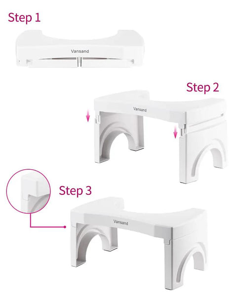 Folding sequence of white 7.5-inch foldable toilet stool, made from ABS for real squat posture, compact and portable bathroom hack.